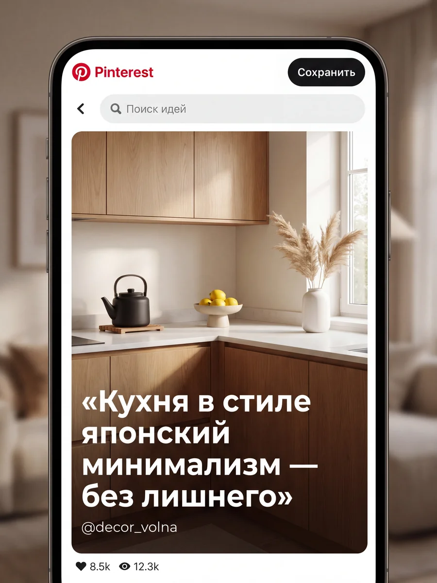 Кейс бренда интерьерного декора: Pinterest-пин «кухня в стиле минимализм»